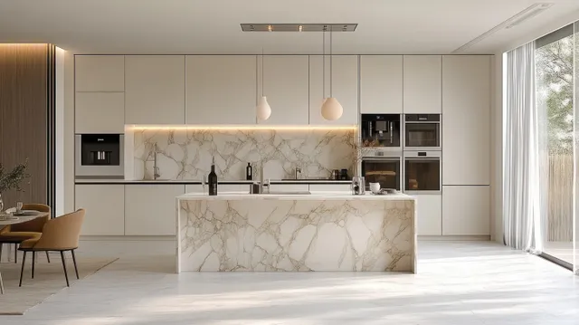 Modern kitchen with marble island and backsplash, built-in appliances, pendant lights, and sheer-curtain window letting in daylight.