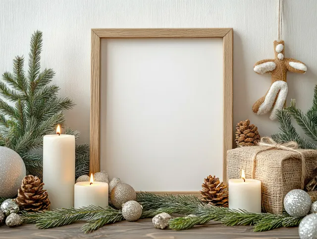 Minimalist wooden frame on a tabletop with glowing candles, pine branches, pinecones, and neutral Christmas ornaments.