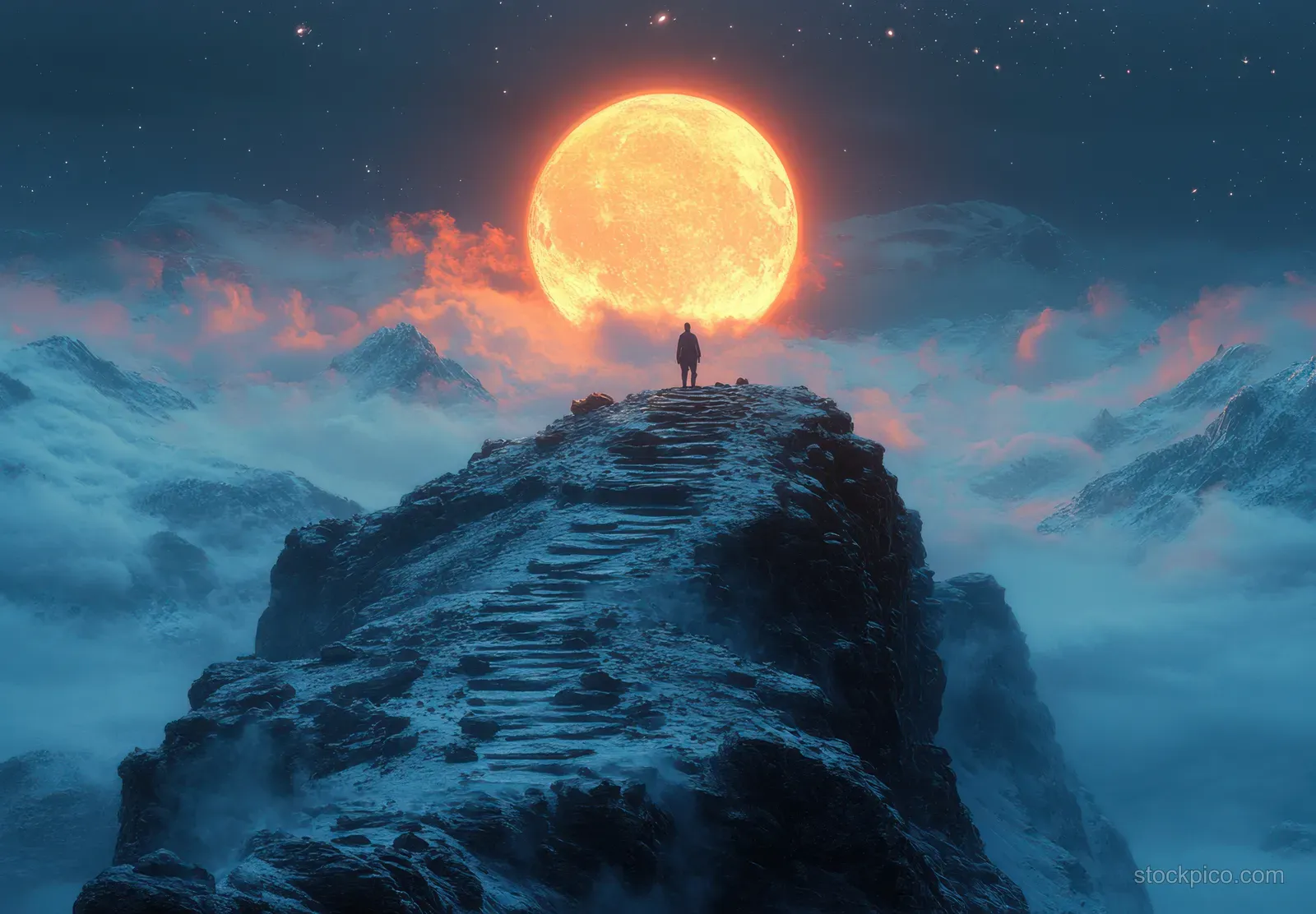 Silhouette of a man standing on a rocky mountain peak under a bright full moon with stars in the night sky.