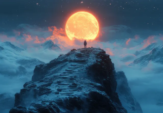 Silhouette of a man standing on jagged mountain peak under bright full moon night sky