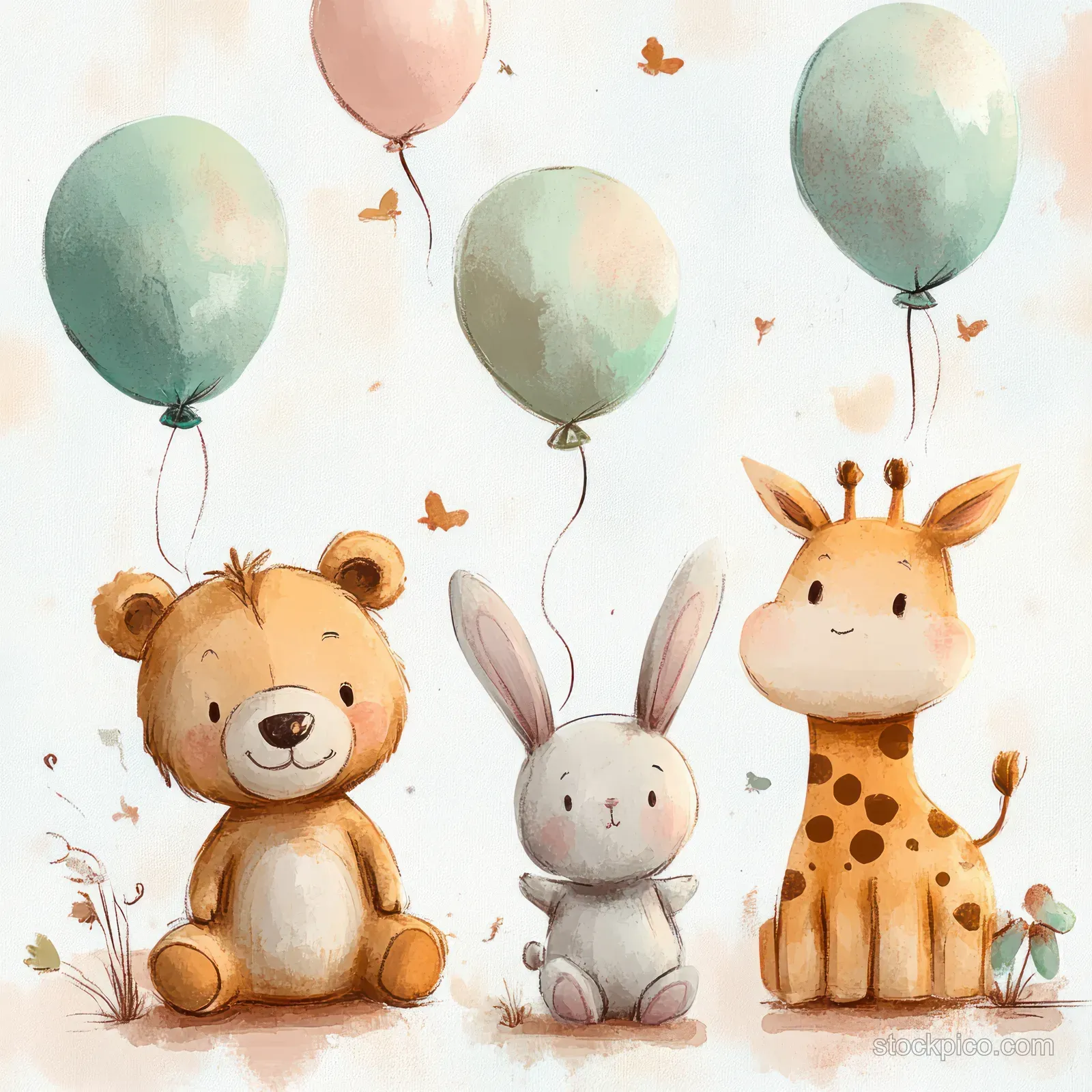 Baby bear, bunny, and giraffe characters sitting with pastel balloons in a light watercolor style.