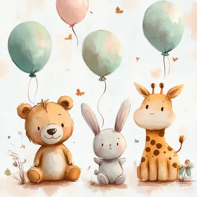 Personajes de un oso bebé, un conejito y una jirafa sentados con globos pastel en un estilo de acuarela clara.