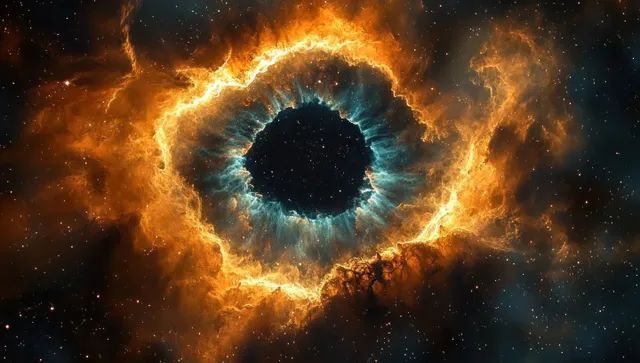 Eye-shaped nebula with orange and blue glowing gas clouds around a dark void amid stars.