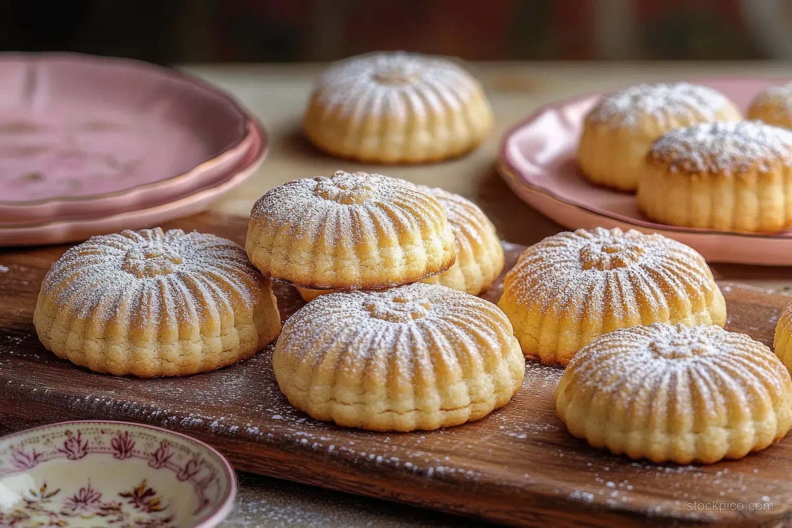Ridged round pastries dusted with powdered sugar on a wooden board with floral plates in soft focus.