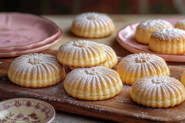 Ridged round pastries dusted with powdered sugar on a wooden board with floral plates in soft focus.