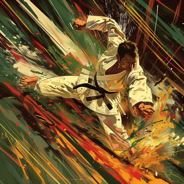 South Korean judoka mid-throw against an opponent, surrounded by dramatic comic speed lines and vibrant splashes.