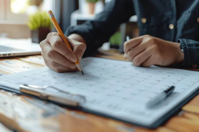 Businesswoman writing event schedule on desk calendar with pencil and agenda notes
