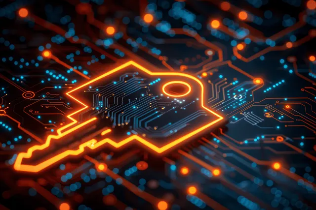 Digital hologram smart home key on a circuit board background symbolizes secure property access and automated entry control.