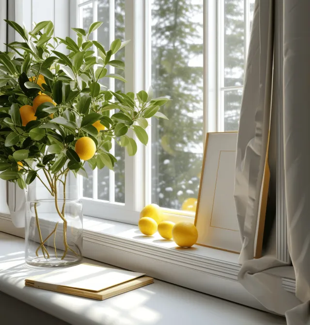 A lemon tree in a white pot and an open book rest on a sunny windowsill beside a blank A4 frame.