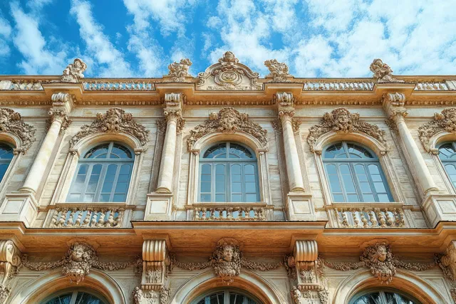 Ornate classical building facade with arched windows and carved stone ornamentation under blue sky