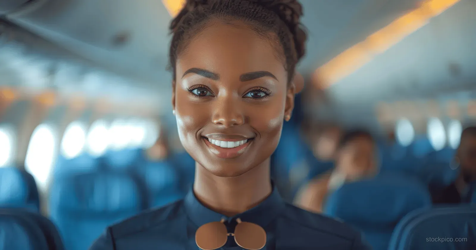 A smiling African American female flight attendant stands in an airplane cabin aisle with blue seats in the background.