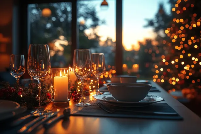 A Christmas dinner table with lit candles, gold accents, plates, and glasses in a cozy dining room with festive lights outside.