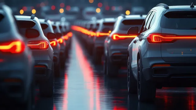 Rows of white SUVs with red taillights on a wet reflective road at night.