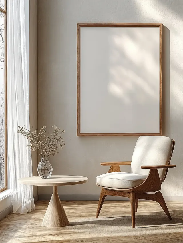 Mid-century armchair and minimalist round table sit in a bright Scandinavian living room beside a framed empty artwork.