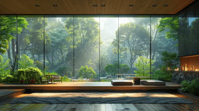 Eco-friendly office interior with modern seating and floor-to-ceiling windows showing a misty forest landscape.