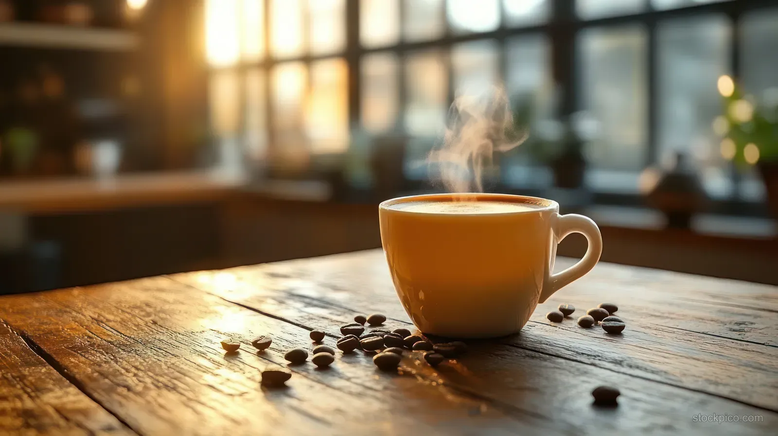 Steaming coffee cup on a wooden table with scattered coffee beans and warm sunlight in a cozy café.