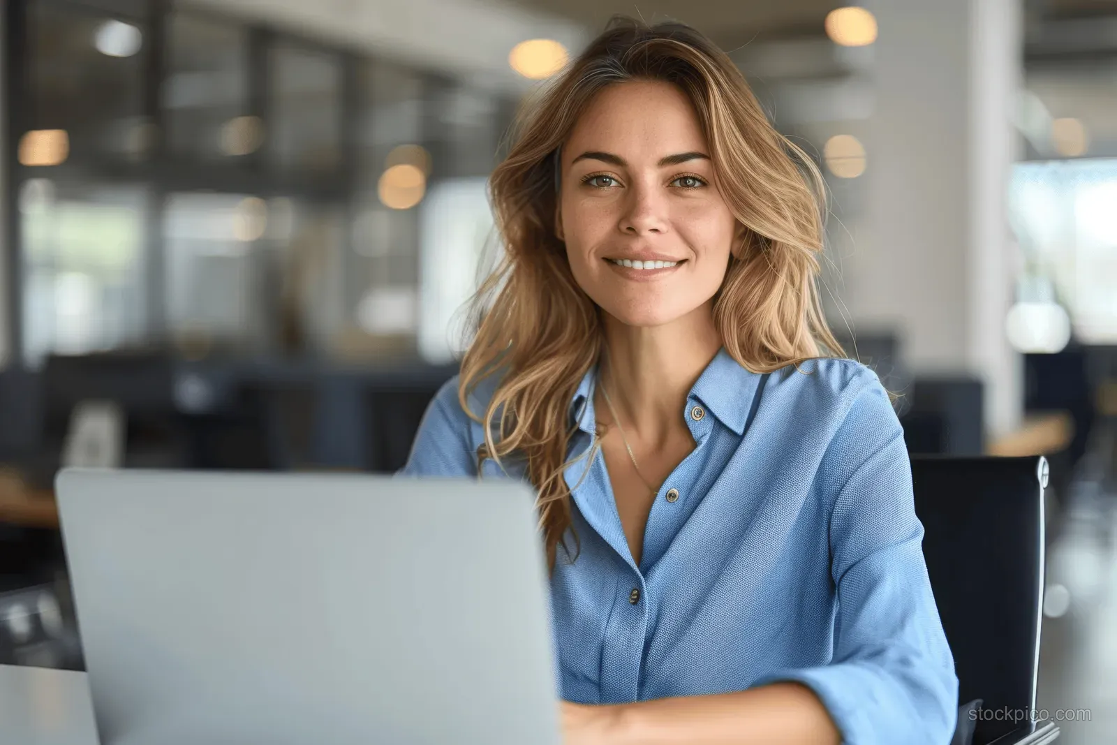 A smiling middle-aged businesswoman in a blue shirt works on a laptop in a modern office.