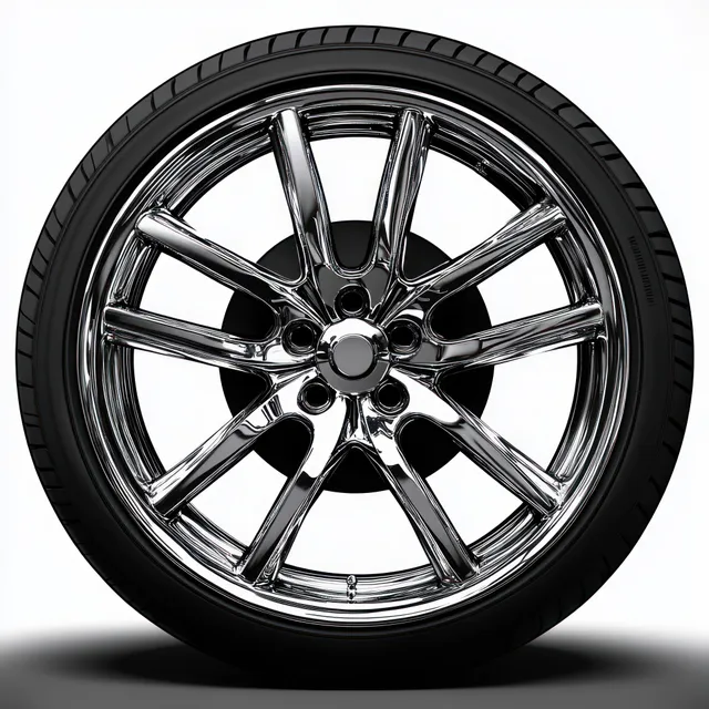 Chrome car wheel rim with black tire, isolated white background, detailed spokes