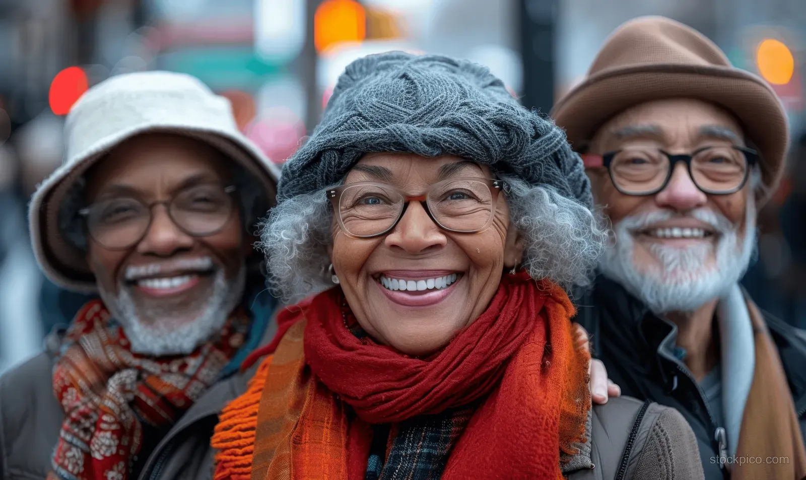 Smiling senior friends pose outdoors on a winter city festival street, wearing warm scarves and hats.