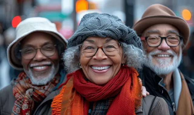 Smiling senior friends pose outdoors on a winter city festival street, wearing warm scarves and hats.