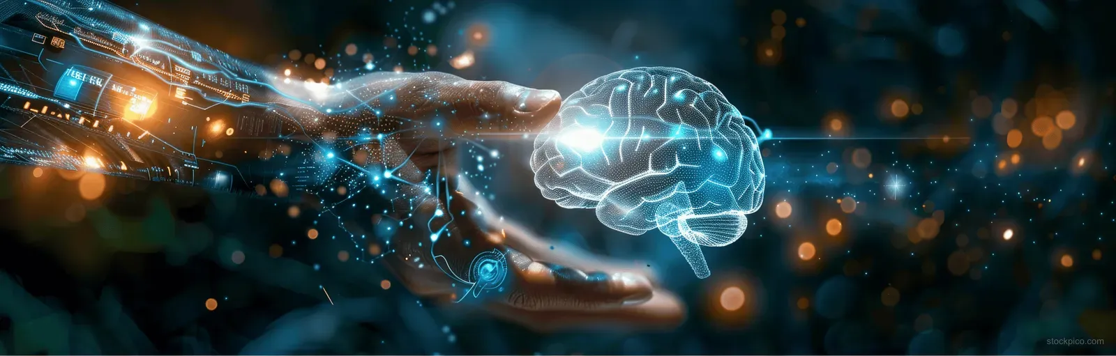 A glowing robotic AI brain hovers above human hands with holographic circuits and floating data particles.
