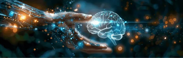 Glowing robotic brain over open human hands with data network sparks and holographic circuitry