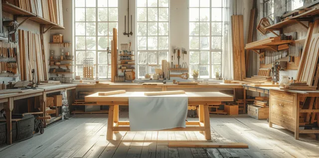 Carpentry workshop interior with wood curing table, tools, and bright sunlight through tall windows.