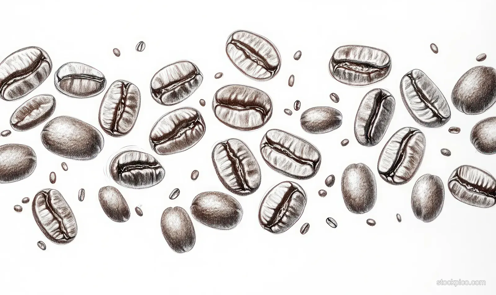 Hand-drawn coffee beans are scattered on a white background with pencil shading and fine line detail.