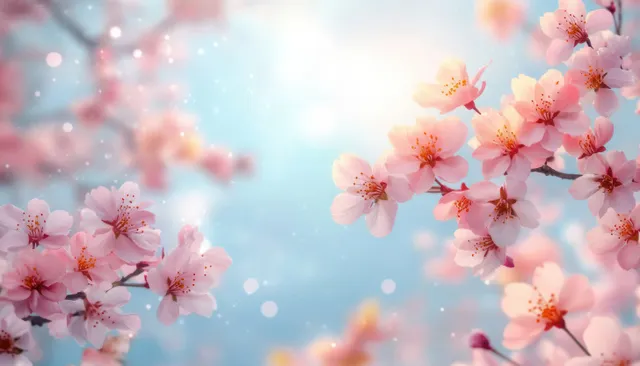 Pink cherry blossom branches bloom against a bright blue sky with soft sunlight and blurred background petals.