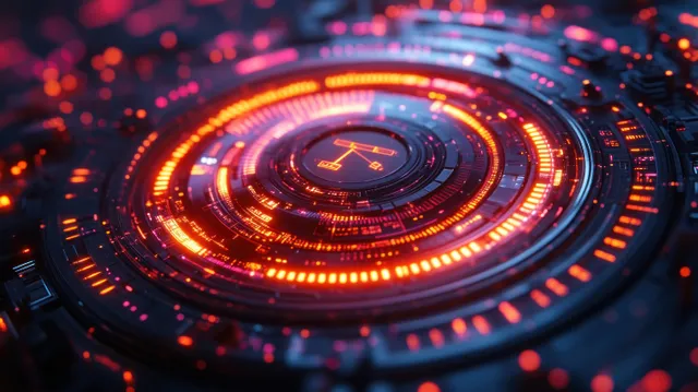 Close-up of a glowing value adjustment dial surrounded by concentric digital rings and performance markers.