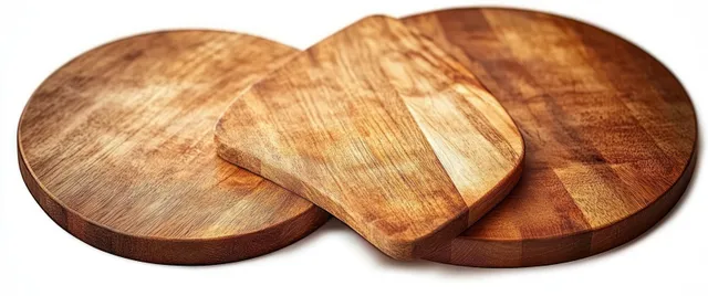 Three polished wooden cutting boards on a white background, including two circular and one rectangular board with visible wood grain.