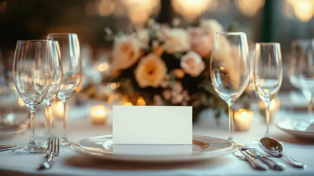 Wedding dinner table with a blank menu card, glassware, cutlery, and candlelit background bokeh.