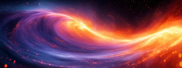A purple and orange light-energy vortex swirls through a dark starry space scene with glowing curved trails.