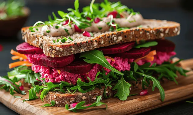 A whole grain beet and vegetable sandwich with arugula and sprouts sits on a wooden board.
