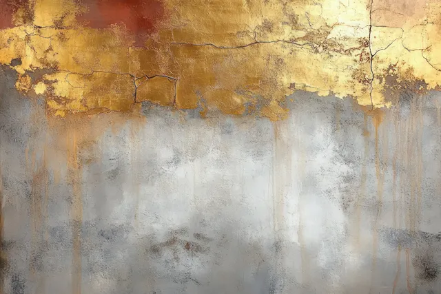 Cracked peeling golden paint over weathered gray wall texture with flaking detail
