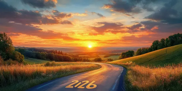 Sunset road journey ahead with green fields and warm horizon glow