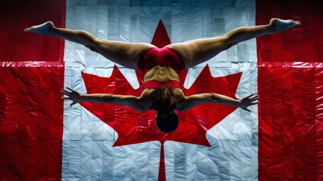 A female trampoline gymnast performs a mid-air flip with a waving Canada flag backdrop behind her.