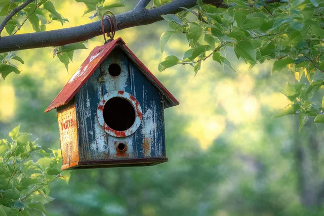 Weathered birdhouse with a round opening hanging from a green tree branch with sunlit leaves in the background.