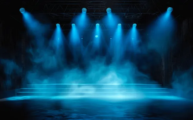 Blue spotlights shine through smoke over an empty dark stage with rows of stage lights above.