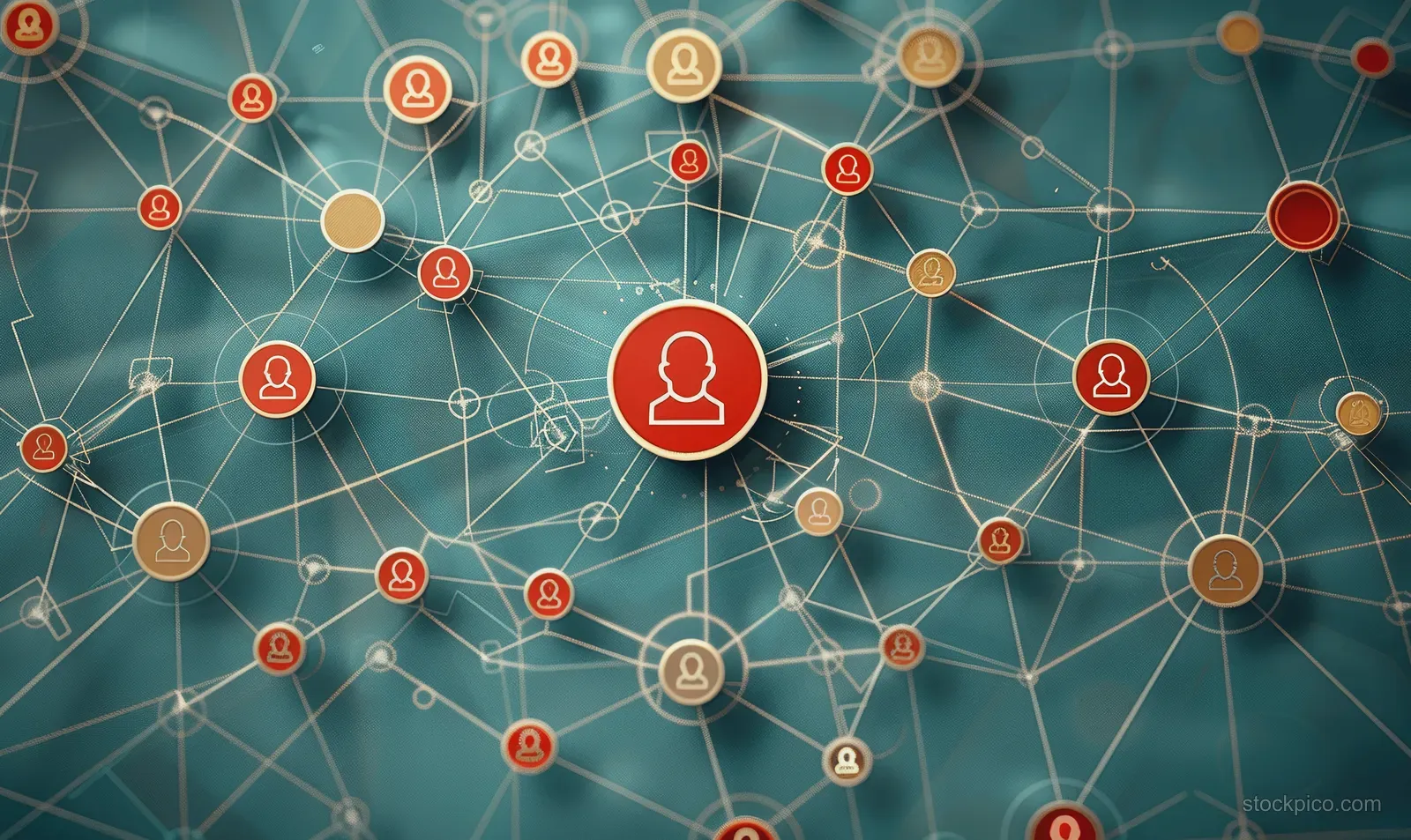 Person icon nodes connected by thin lines surround a red circular leader node on a teal network background.