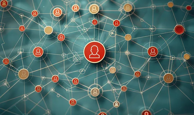 Person icon nodes connected by thin lines surround a red circular leader node on a teal network background.