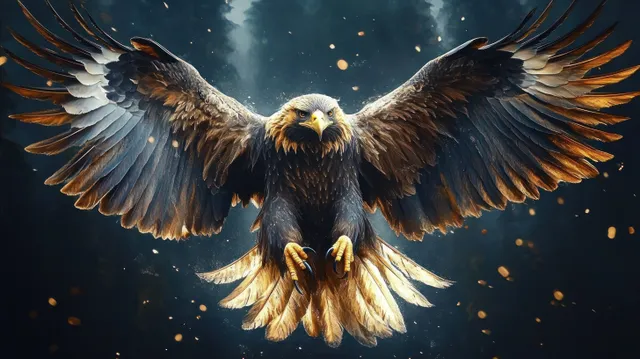An eagle with wings spread flies toward the viewer with talons extended against a dark background with glowing particles.