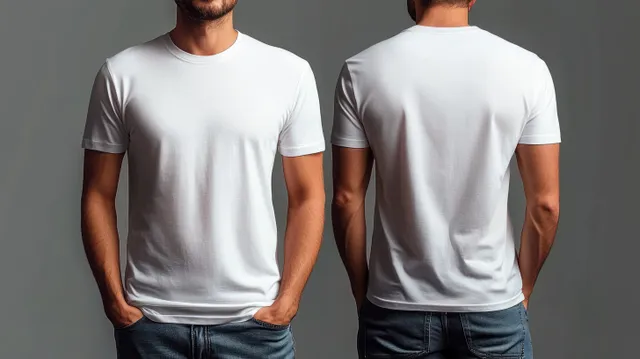 Front and back views show a man in a plain white t-shirt and blue jeans with hands in pockets against a neutral background.