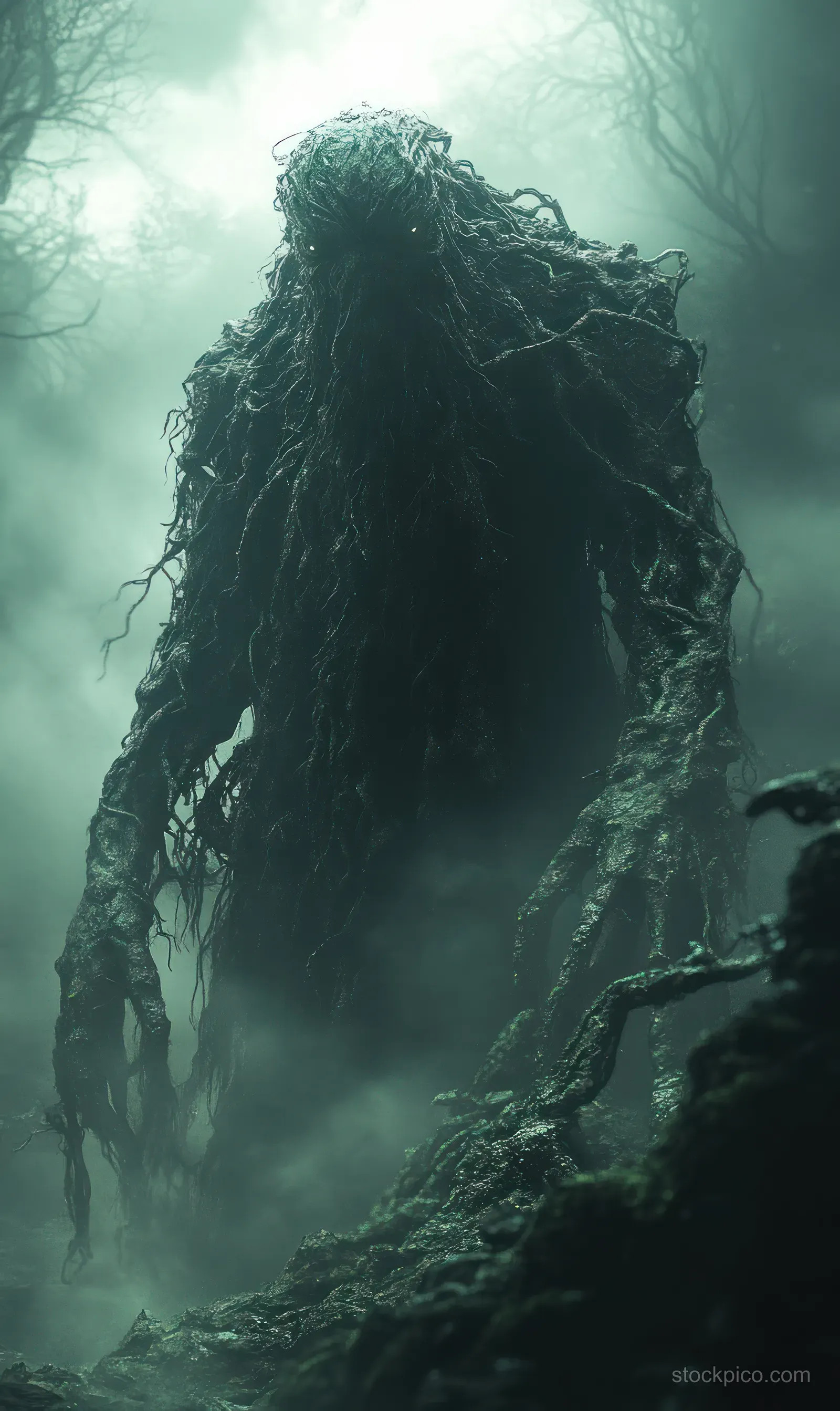 A humanoid forest spirit called Leshy rises from mossy tree roots in foggy moonlit woods.