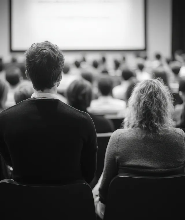 Back view of audience members seated in a conference hall facing a seminar speaker on stage.