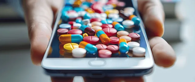 A hand holds a smartphone with a medication schedule while colorful pills lie in the foreground.
