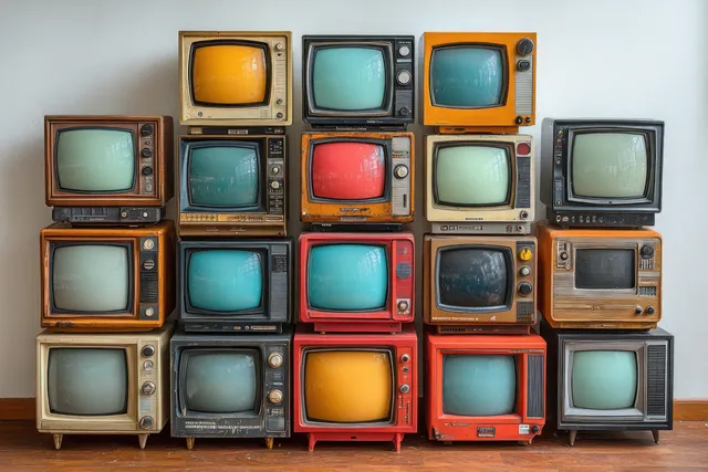 Stacked vintage retro TV sets on wooden floor, glowing colored screens