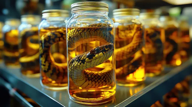 Amber-filled glass jars on a metal shelf contain preserved snakes for a natural history style exhibit.