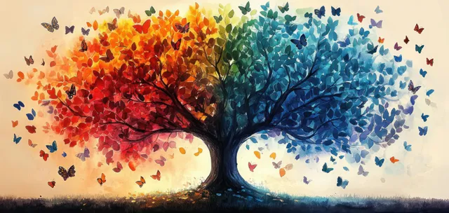 Large split-canopy tree with warm orange-red and cool blue leaves, butterflies flying around