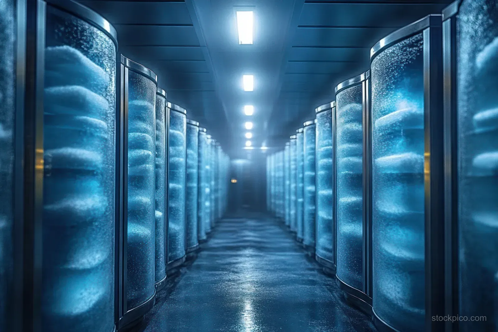 A neon-blue corridor filled with cylindrical tanks of glowing liquid and swirling bubbles under cool lighting.